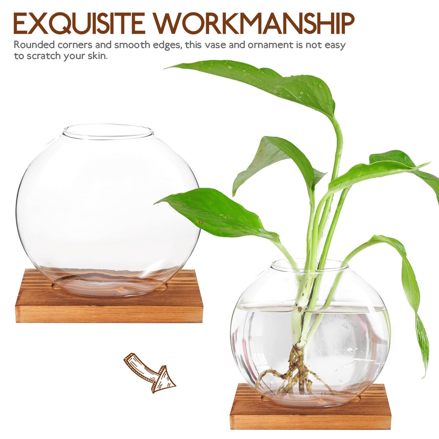 PRETYZOOM Glass Hydroponic Flower Vase with Retro Wood Base, Tabletop Floral Arranging Planter for Office and Home Décor, Glass Terrarium for Indoor Plant Display