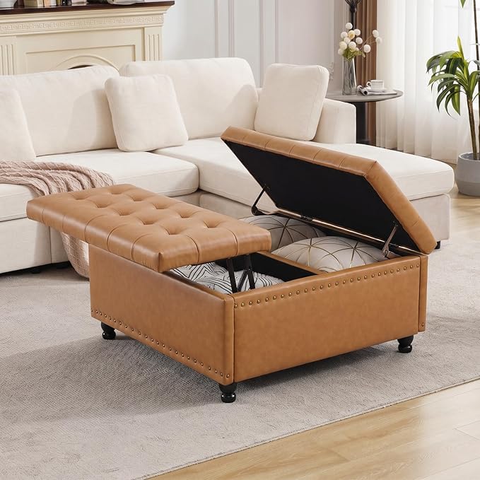 Tbfit Large Square Storage Ottoman Bench, Tufted Upholstered Coffee Table