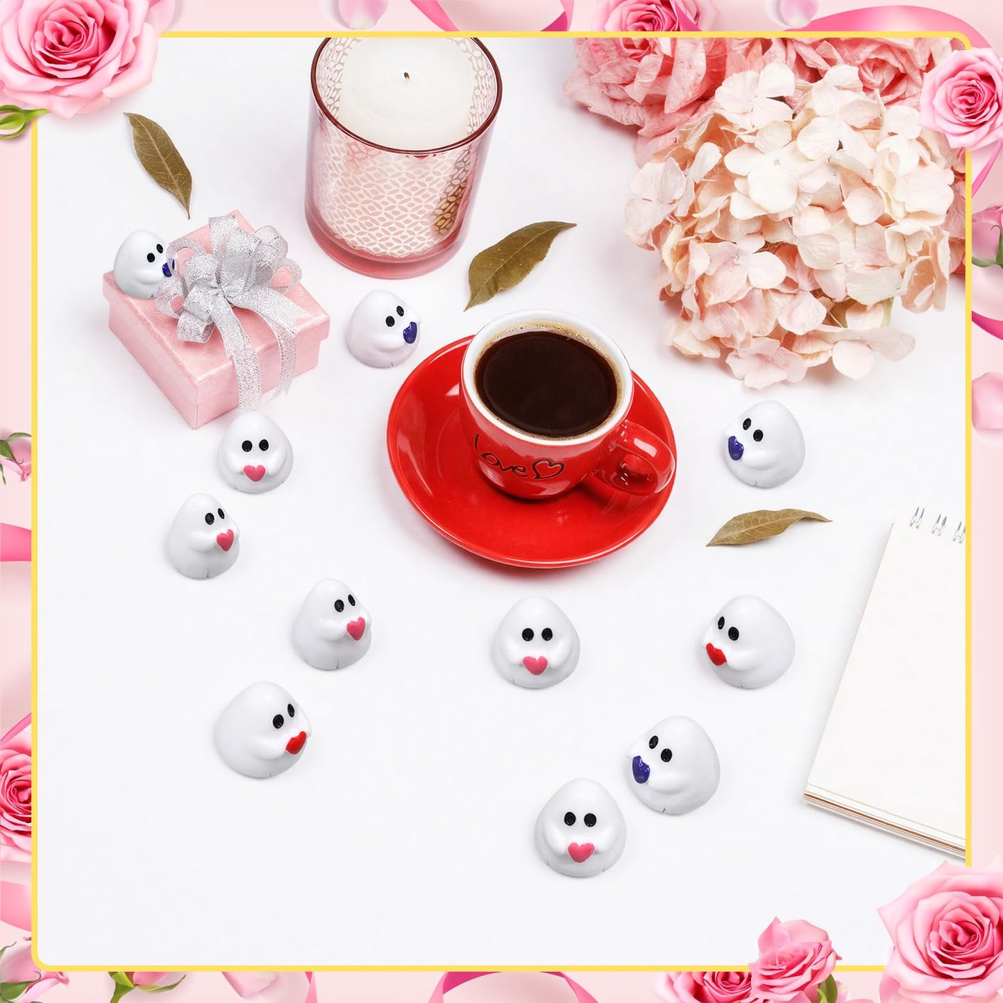 Soulchen 60 Pcs Mini Ghost Figurines Cute Miniatures Tiny Resin Ghost with Red Heart Little Small Resin Figures for Desktop Cake Landscape Decor Mother's Day Party Gifts(Pink,Purple,Red)