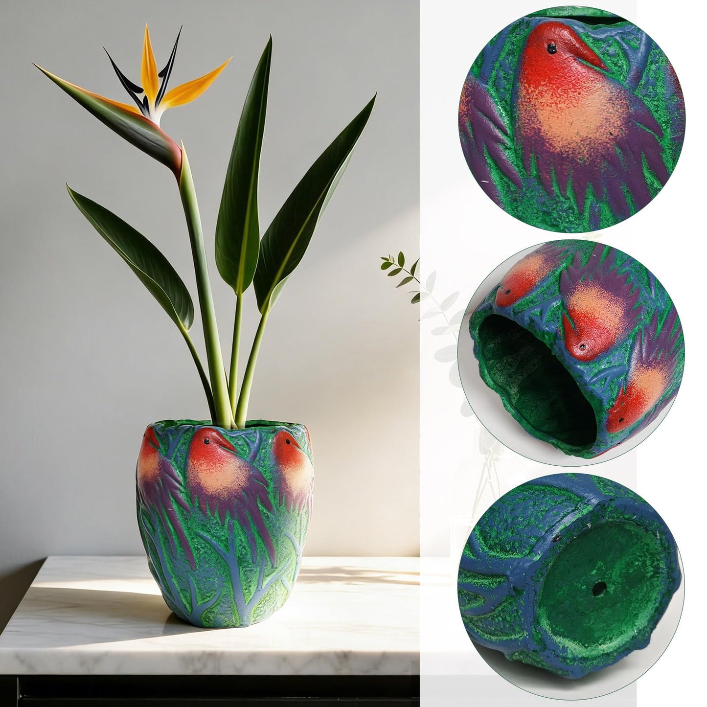 qumHmup 6.5 inch Green Ceramic Flower Pot with Bird Patterns,Indoor Outdoor Planter for Succulents Plants, Modern Home Garden Decor