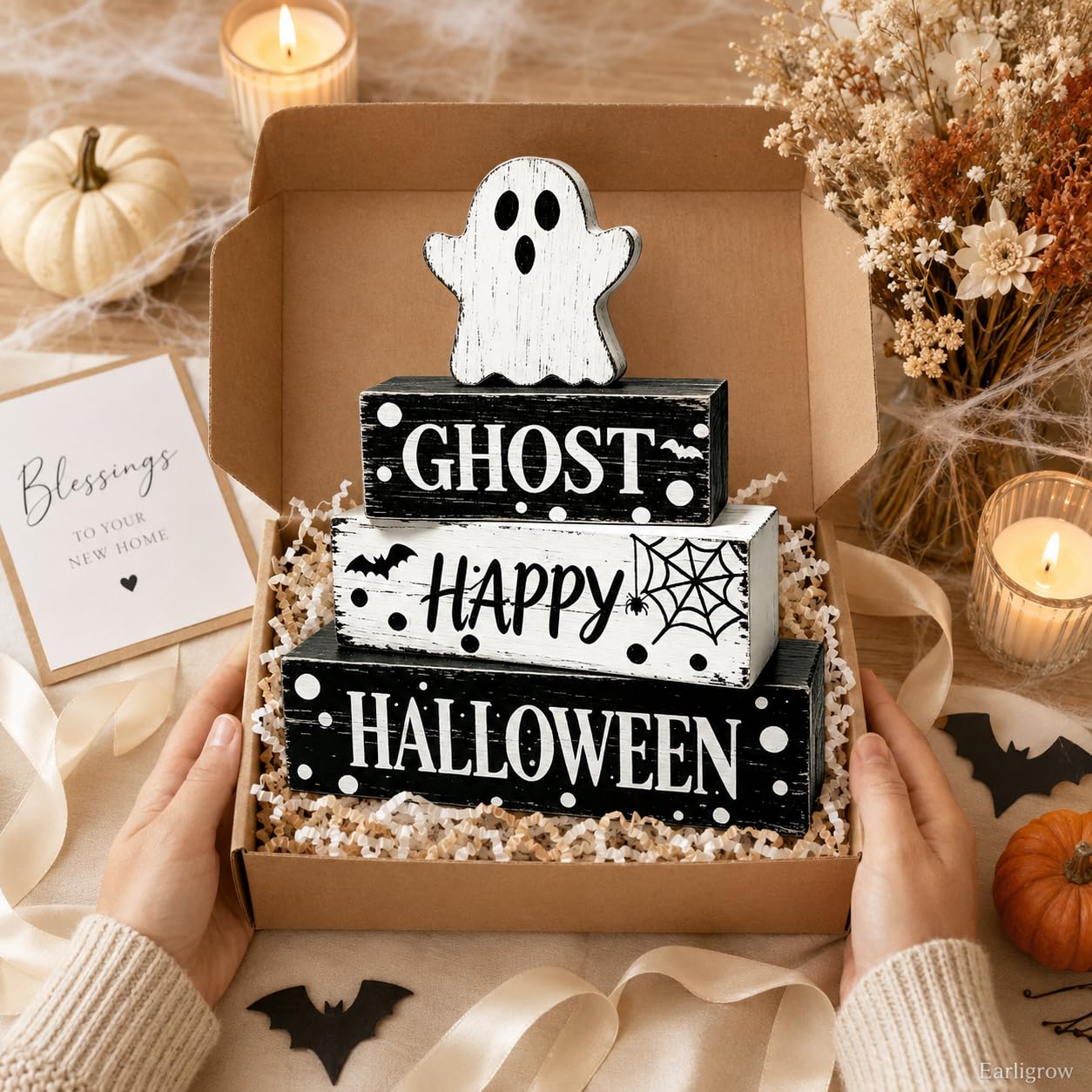 4 Pcs Ghost Halloween Decor Rustic Black and White Polka Dot Wooden Tiered Tray Block Signs Farmhouse Spooky Halloween Table Centerpiece Decor for Home Kitchen Shelf Coffee Bar