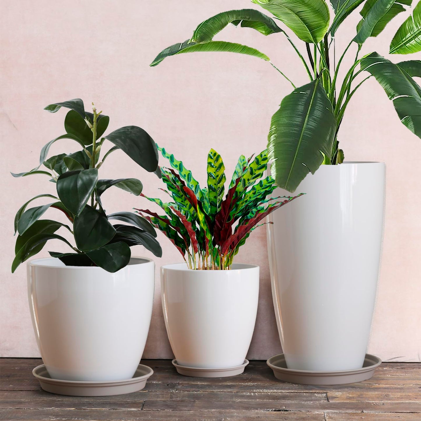 Tall Round Plant Pots with Drainage Holes & Saucer Plastic Decoration Planters for Indoor & Outdoor Garden Home Plants,White Flower Pots 3 Pack 11"/12"/21" H