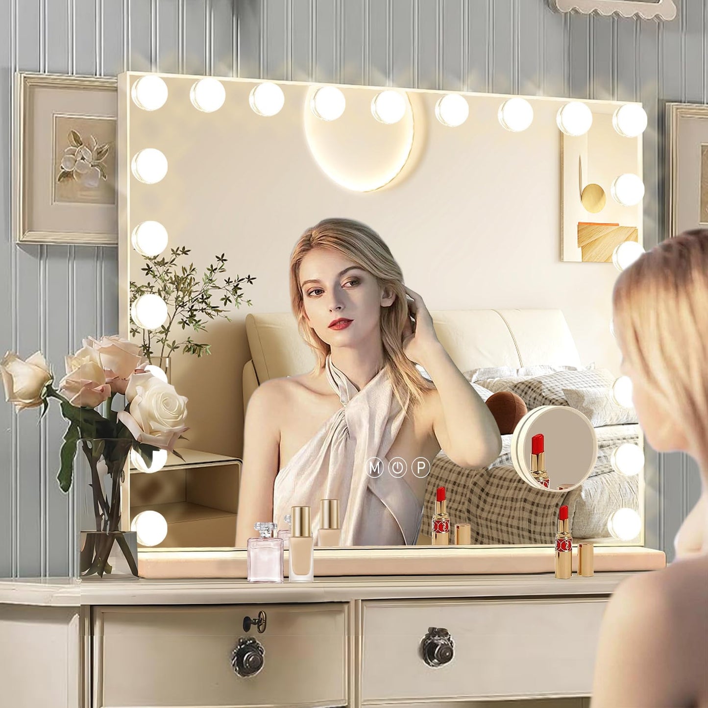 Hollywood Vanity Mirror with Lights, 15 Dimmable Bulbs, 3 Color Lights,Make Up Lighted Mirror, Aluminum Metal Frame, USB Charging Port(23" x 18")
