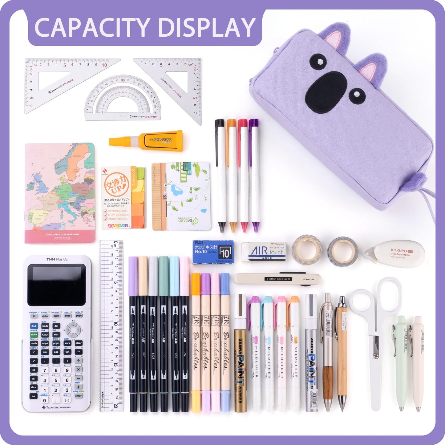 CICIMELON Cartoon Pencil Case, Large Capacity Pen Pouch with Embroidered Animal Design, School Supplies Bag for Kids, Teens, Students (Purple Koala)