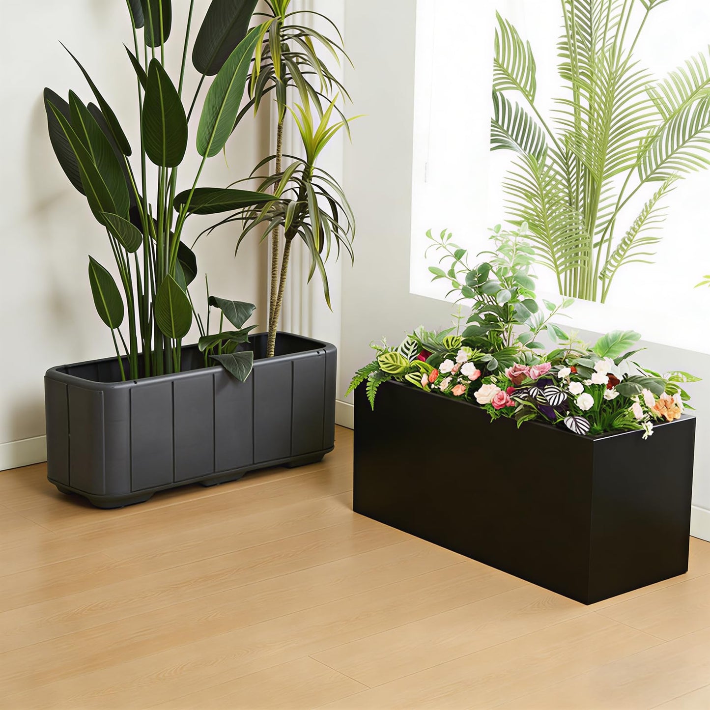 XHIKOWAT Large Rectangular Metal Planter Boxes with Plastic Inner Pot & Wheels - 33" Lx12 Wx14 H Balcony Flower Bed with Drainage Holes & Drip Tray for Outdoor Indoor Garden Patio Porch Lawn, Black