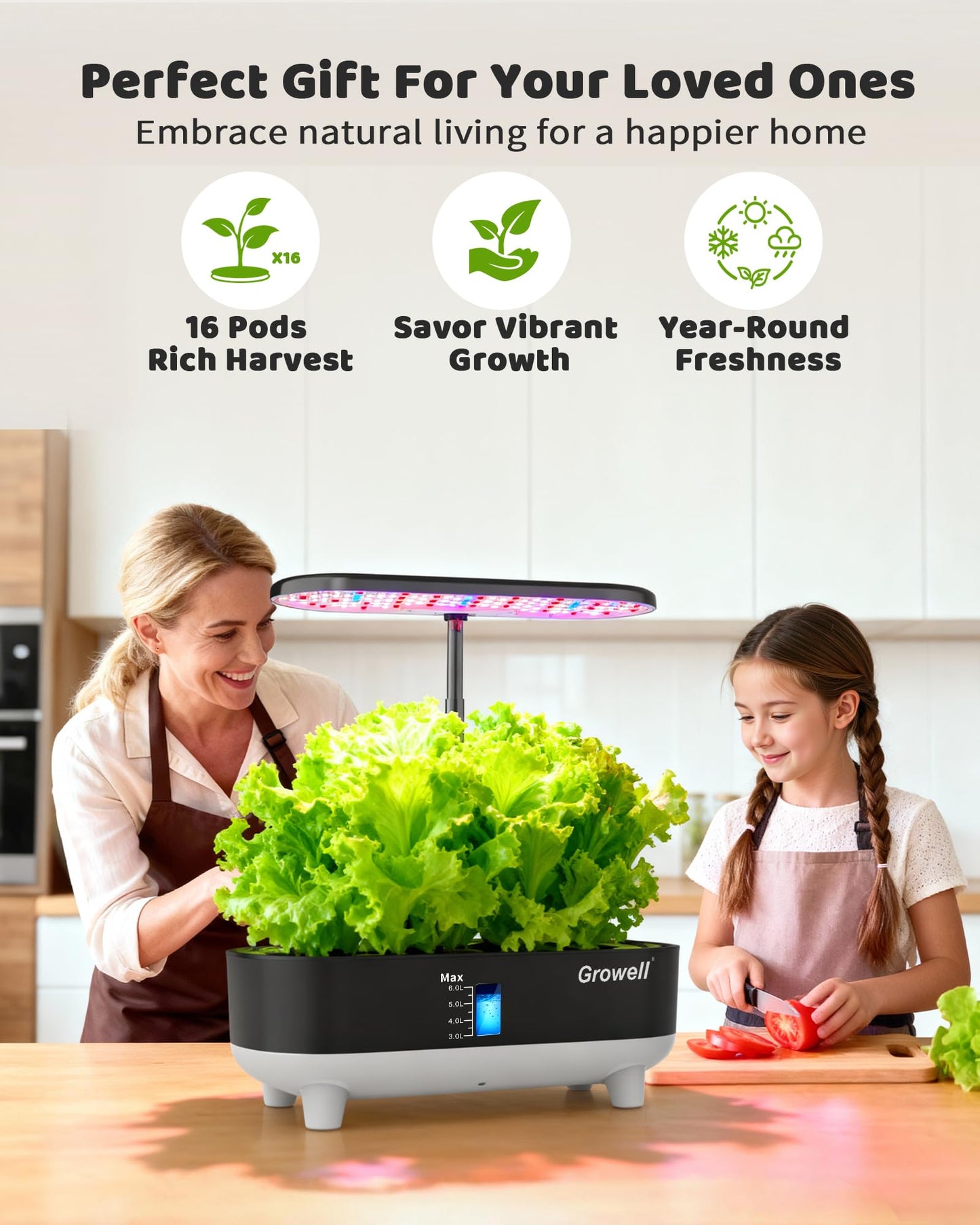Growell Hydroponics Growing System Kit, 16 Pods, Vertical 8L Indoor Gardening System for Herb Vegetable Fruit, Hydro Garden with LED Grow Light, Smart Water Circulation, 3 Light Modes & 2 Timer, Black