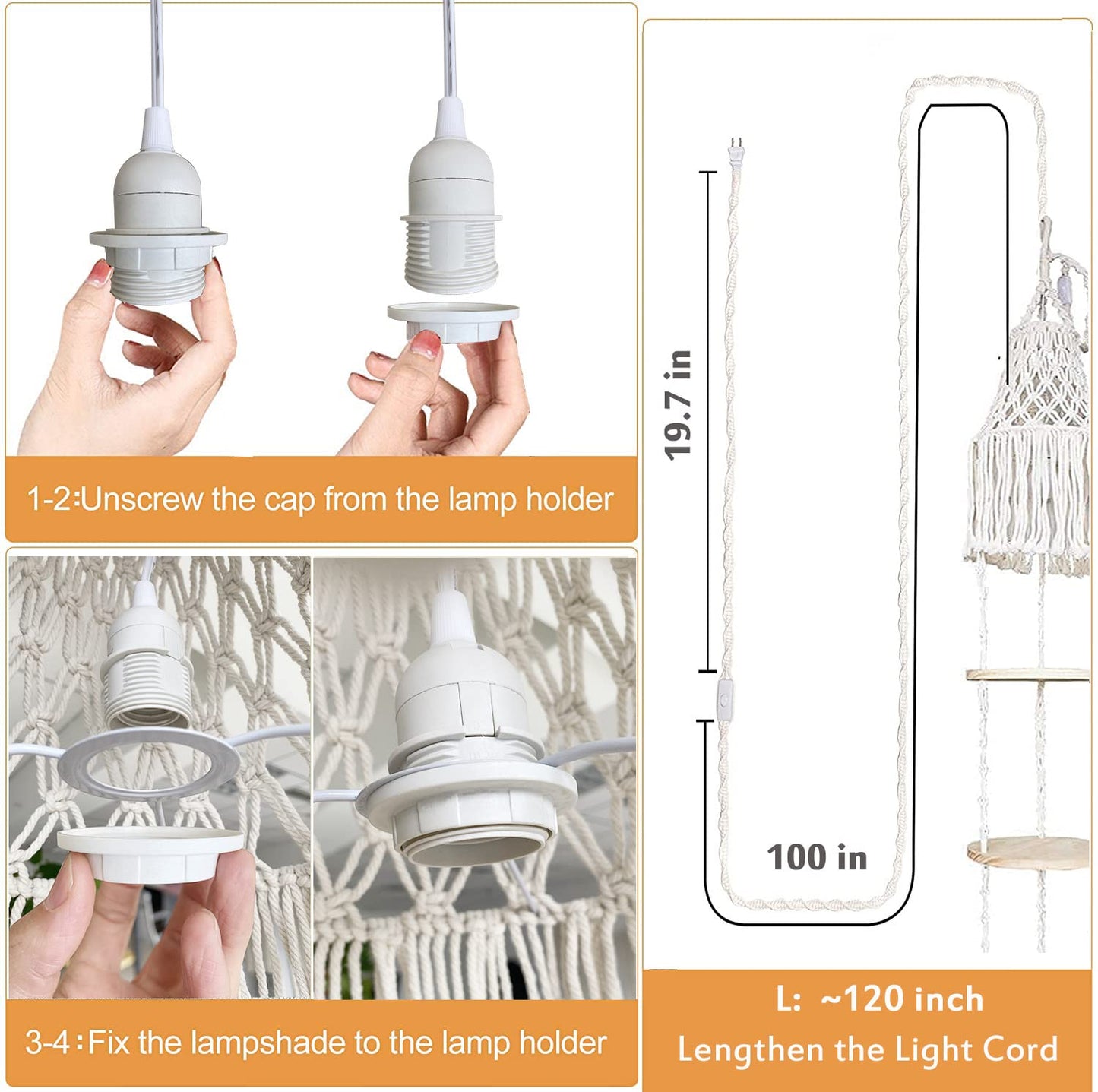 YKBU Macrame Plant Hanger Shelf Hanging Rope Shelf Indoor with Boho Lamp Shade 3 Tier Floating Round Shelves Decorative Shelf Flower Pot Holder Planter Display Rack Boho Home Decor-1 Set