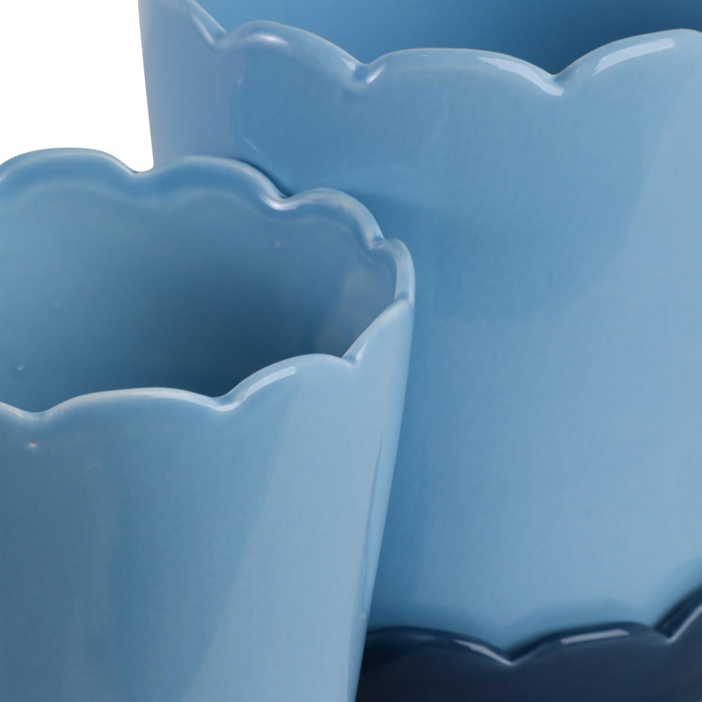 Modern Ceramic Flower Pots for Home Decor Accent - Scalloped Edge Planters and Pots for Plants with Glazed Design - Glossy Planters for Indoor and Outdoor Display - Set of 2, 8", 7", Blue