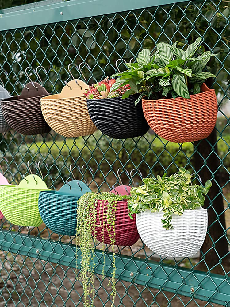 Hanging Planter Pot, Wall and Railing Hanging Planters with S Hooks, Half Round Imitation Rattan European Style Wall Flowerpot Rustic Decorative Flower Basket for Home(#2pcs 26 * 20.5cm Brick red)