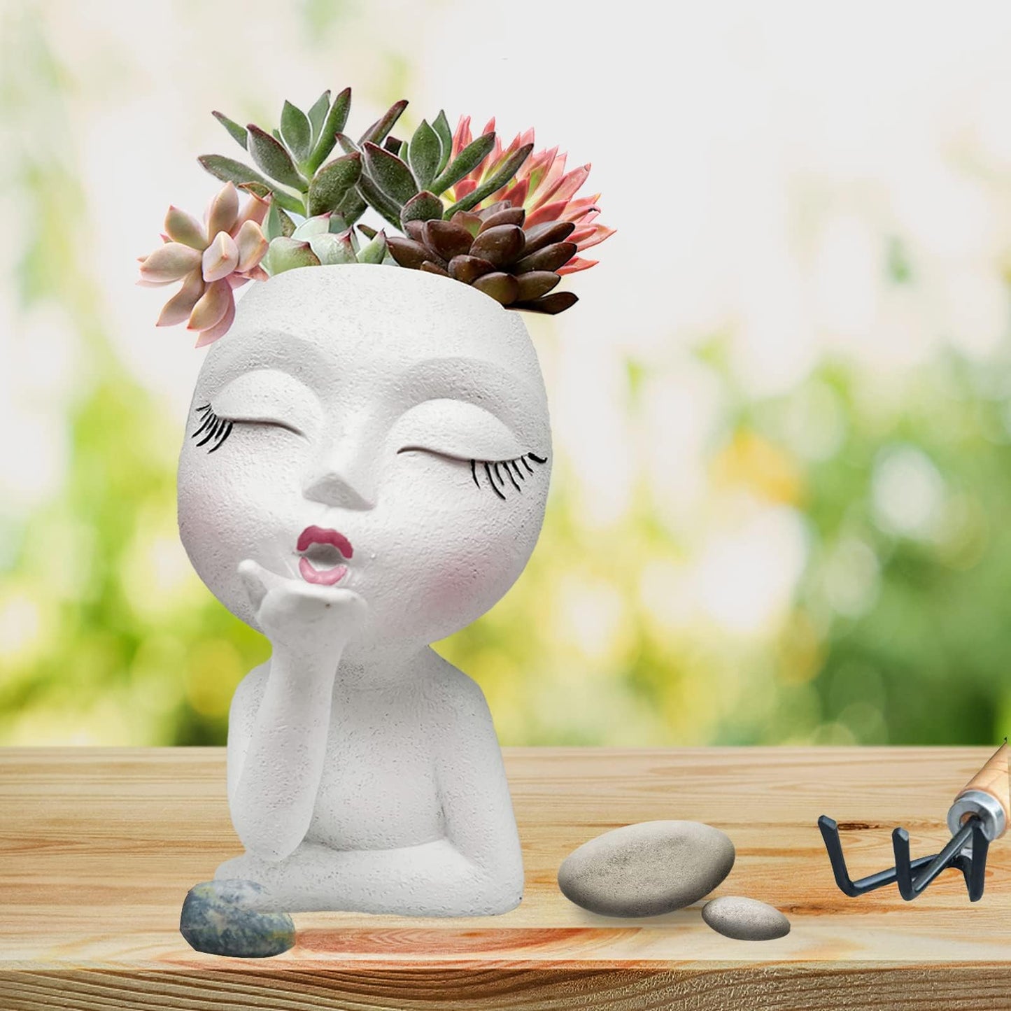 EylbKey Handmade Face Flower Pots Standing Air Kiss Head Planter Pot for Trailing Plants Cute Succulent Planter Resin Planters Funny Face Planters with Anti-Friction Pads White 1Pack