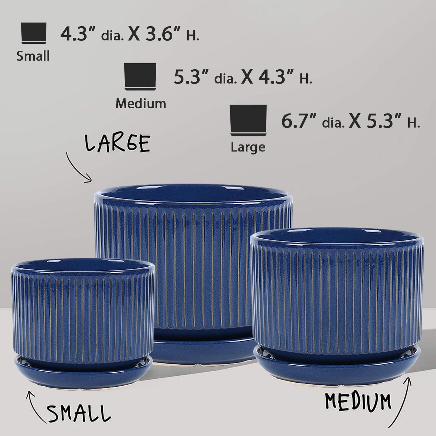 TANEW Ceramic Plant Pots with Drainage Hole and Saucer, Set of 3, 4.3+5.5+6.7 Inch Stripe Garden Planter Pots for Outdoor Indoor Succulent Orchid Plants Flower, Gifts for Mom, Reactive Glaze Blue