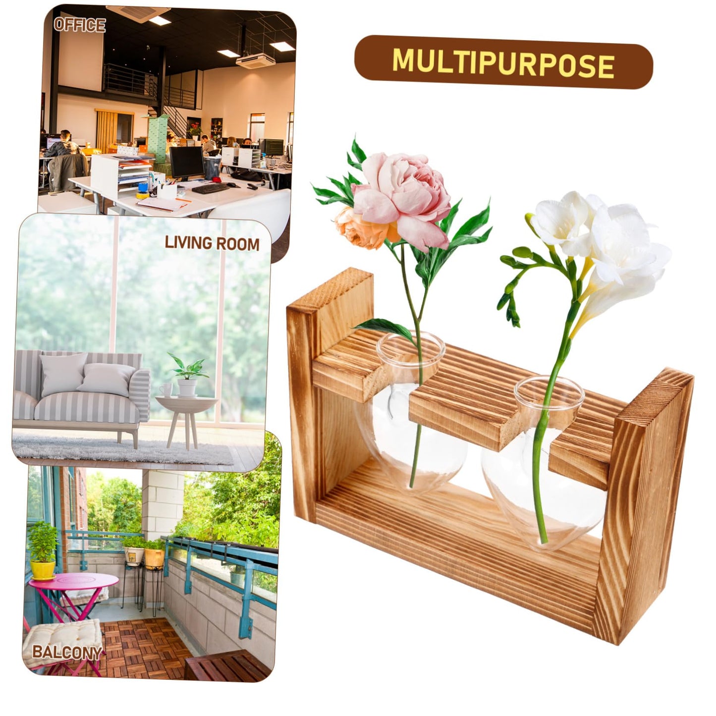 ORFOFE Heart Shape Hydroponic Terrarium Vase with Wooden Stand Glass Plant Holder for Indoor Gardening Stylish Desktop Water Planter for Home Decor