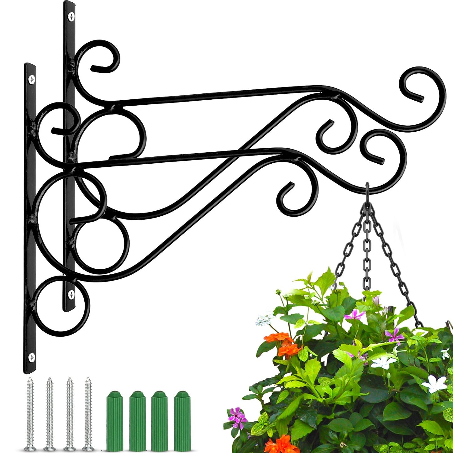 Preimum Black Plant Wall Mount Hanging Brackets Hooks Plant Basket Hanger Holder 10 Inches Indoor Outdoor Metal Brackets with Screws Garden Baskets Hanging Planters Lantern Wind Chimes(2PACK)