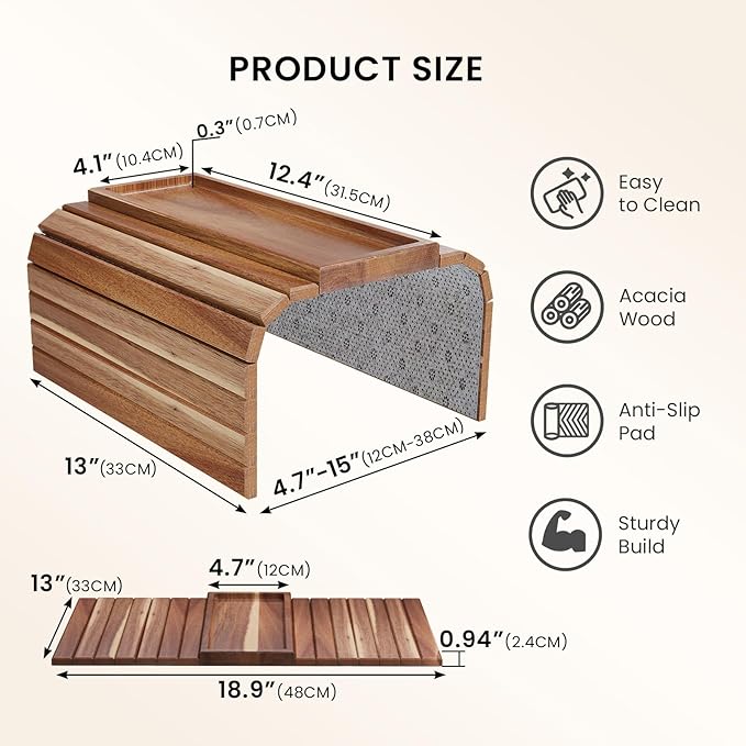Sofa Arm Tray, Acacia Wood Folding Couch Arm Tray, Sofa Armrest Trays
