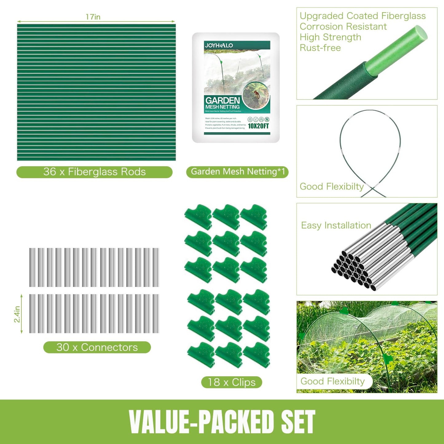 joyhalo 36pcs Garden Hoops for Raised Beds, Garden Mesh Netting Kit with 10x20 Ft Net, Bird & Cicada Netting for Trees, Garden Mesh Protection for Greenhouse, Vegetable, 18 Clips Included