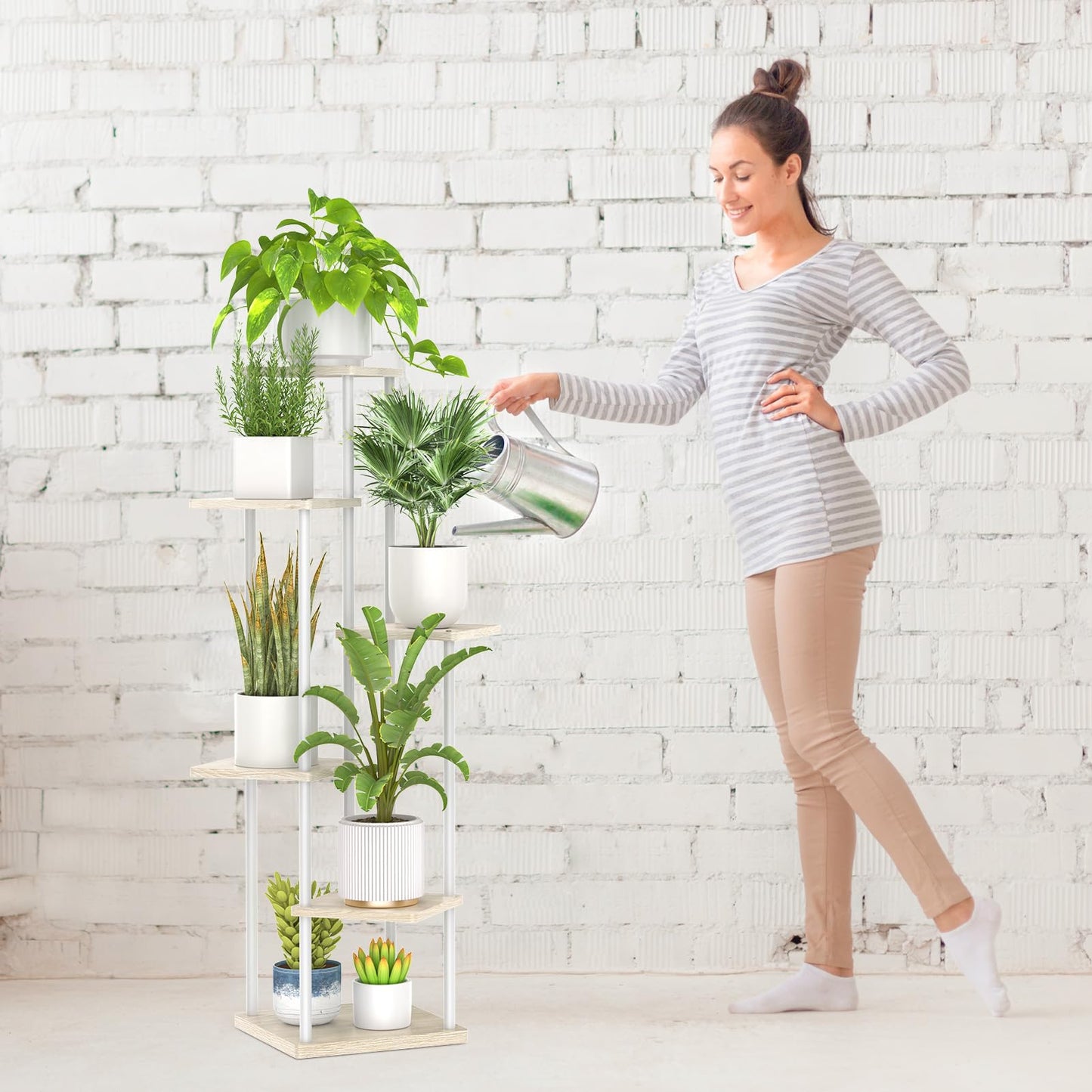 Oppro 6 Tier Tall Plant Stand Indoor, Large Metal Wood Muti Level Vertical Planter Shelf Orchid Holder for Narrow Corner, Sturdy Heavy Duty Flower Display Rack for House Decor Living Room Bedroom, White