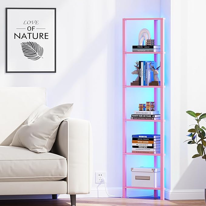 TUTOTAK Corner Shelf with LED Light, 6-Tier Corner Bookshelf