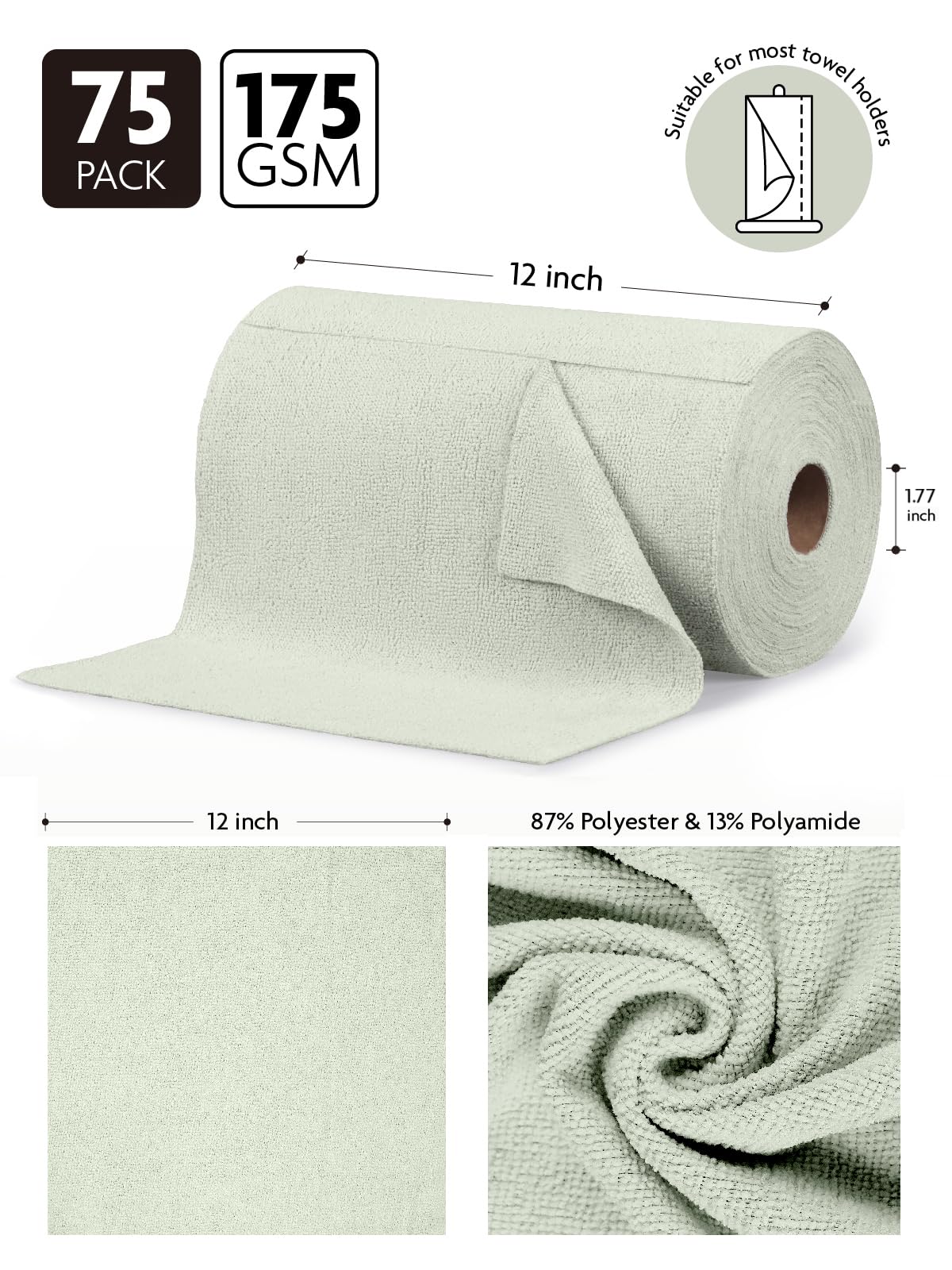 Fantasticlean Microfiber Cleaning Cloth Roll -75 pack, Tear Away Microfiber Towels, 12" x 12", Reusable, Washable, Scratch Free, Ultra Absorbent Dishcloth for All-around Cleaning Supplies (Moss Green)