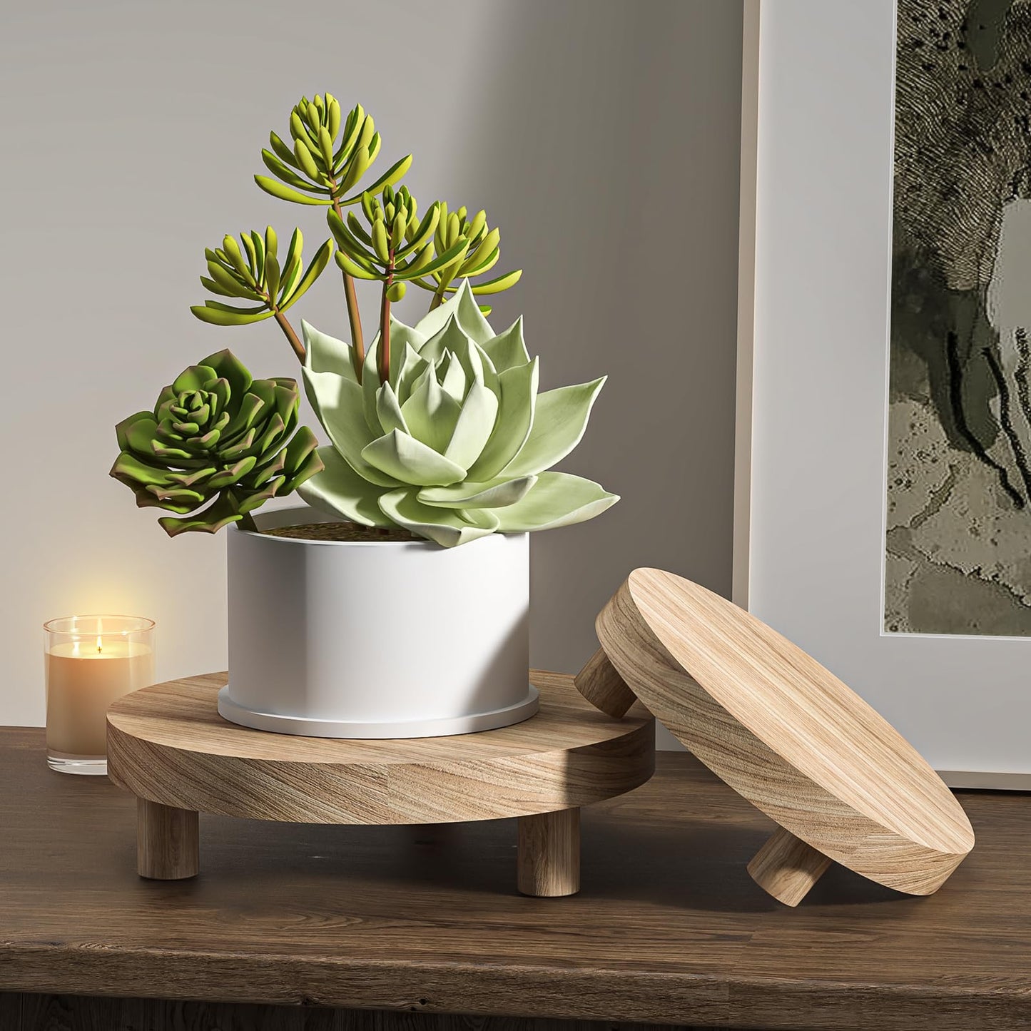 3 Pcs Wood Plant Stand Indoor Outdoor, Round Wood Riser for Decor 6/8/10" Wooden Stool Display Stand Flower Pot Holder Small Planter Tray Modern Potter Decorative for Desktop Counter Room (Natural)