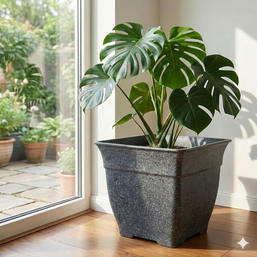 18'' Large Square Planter for Plants - 4 Pack Imitation Cement Plastic Flower Pots with Drainage Holes & 2cm Raised Base, 14 Gal Decorative Stone Like Garden Pot, Retro Plant Container