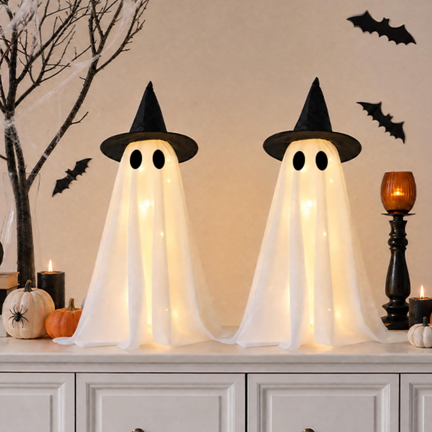 Halloween Decorations-Set of 2 Light-Up Ghosts with Witch Hats, Ghost Table Centerpiece-Spooky Tabletop Decor for Mantel Dining Table Party Indoor Home