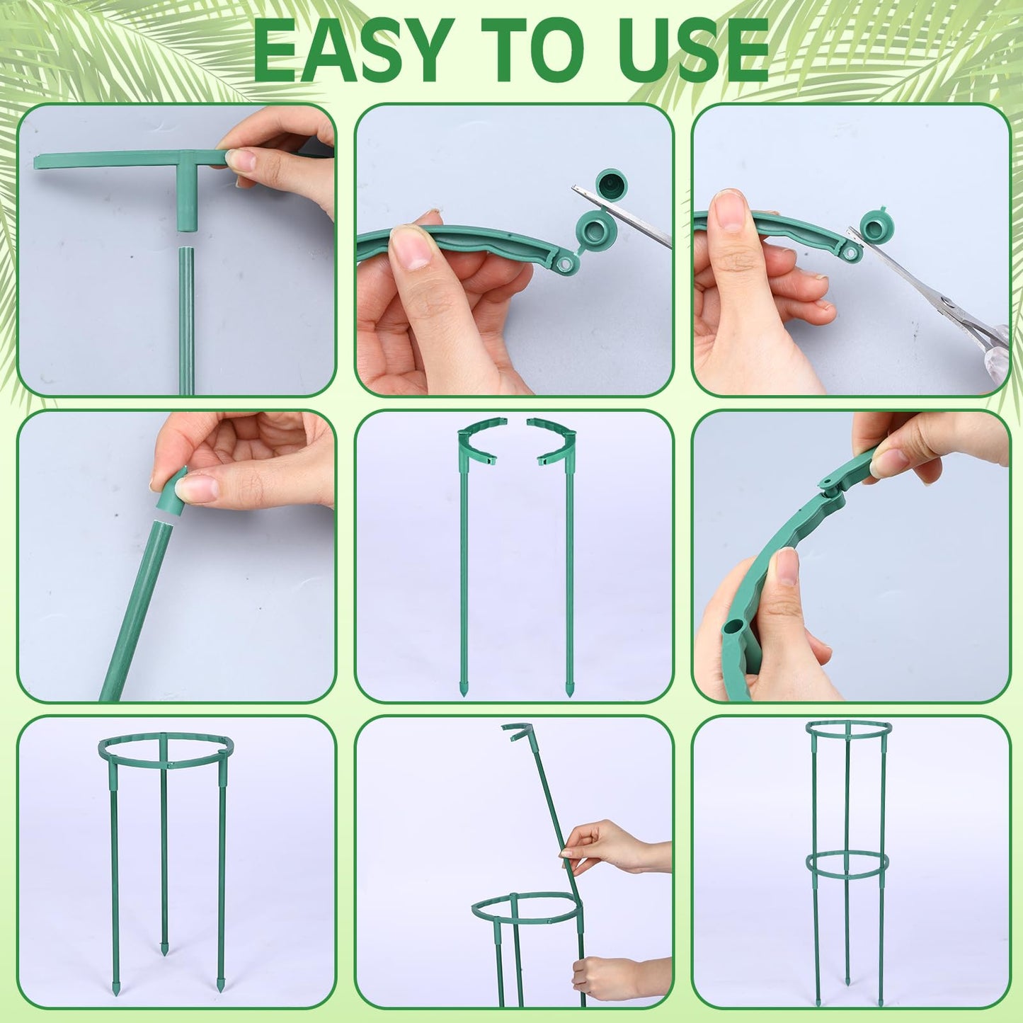 Ferrochef 48 Pcs Plant Support Stakes Half Round Plant Stake for Indoor Plants Stackable 3 Tier Garden Flower Support with Vine Clip and Gourd Shaped Clip for Tomato Monstera Peony Climbing Vegetable