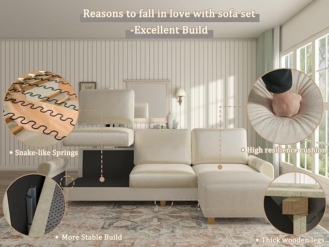 EASE MOOSE Large Seat Velvet L-Shaped Sofa, Soft 4 Seat Couch