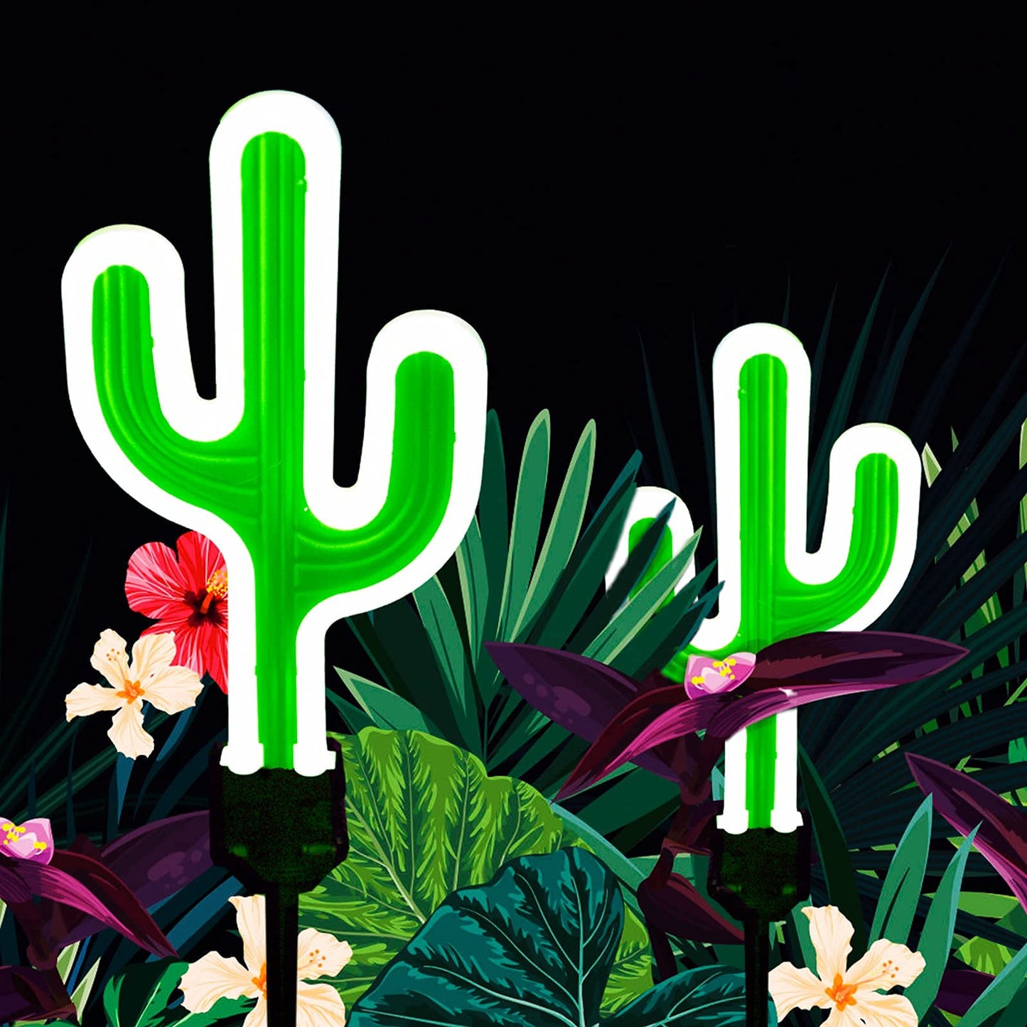Solar Cactus Neon Lights Outdoor Decor- 2 Pack 41.3 In Gifts for Mom Woman, Garden Stake Decorative LED Lights Waterproof Path Lighting for Christmas Yard Lawn Patio Walkway Driveway Sidewalk Decor