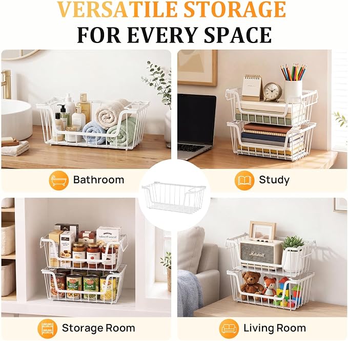 SUNALLY Stackable Storage Bins 4 Pcs Wire Baskets for Pantry Organizers and Storage, Vegetable Fruit Storage Basket for Countertop Organizer,Kitchen Baskets for Onion Potato Snack Cans Storage,White