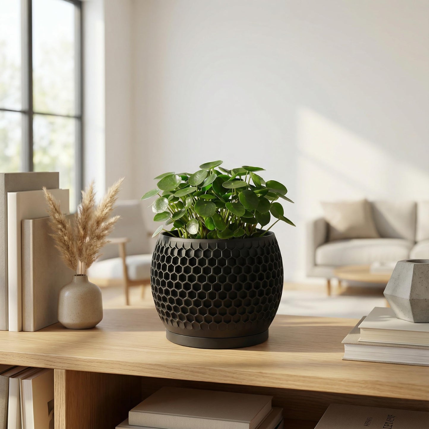 Fabix3D Plant Pots, Modern 3D Printed Honeycomb Planters for Indoor Plants, 4.7 Inch Matte Black Decorative Flower Pot for Office Desktop, Bookshelf & Home Decor, Lightweight & Durable.