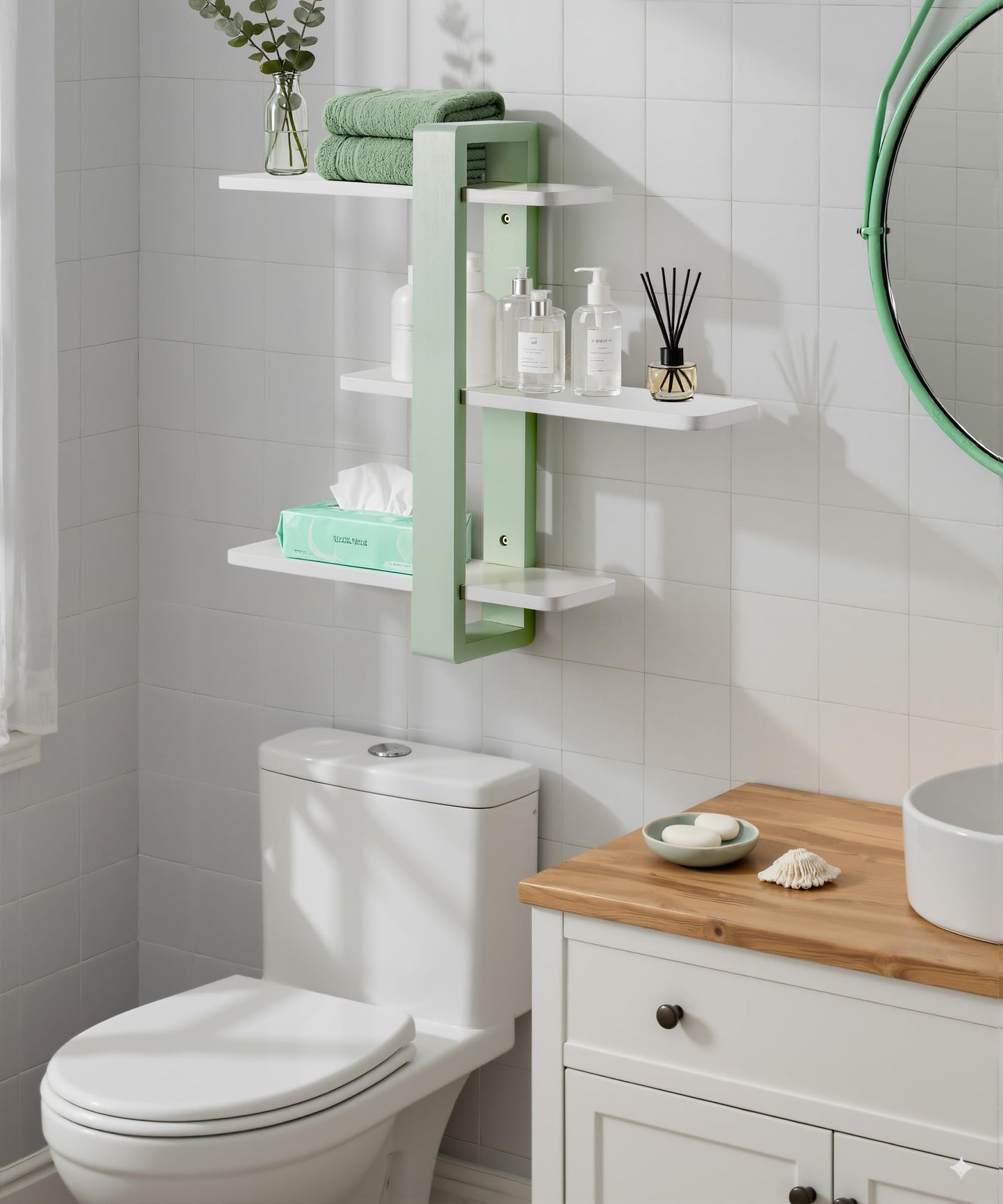 SUMGAR Green Floating Shelves for Wall Mounted Shelving Unit All Pine Wood 3 Tier Large Shelf for Bedroom Living Room Office Bathroom Home Decoration Storage Plant Photo Display Modern 20in Mint Green