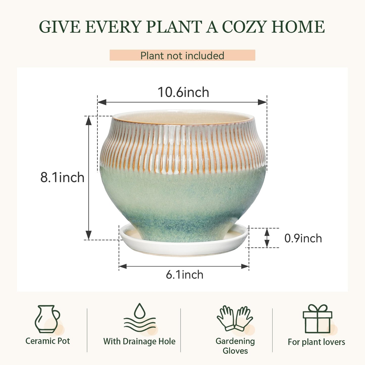 SAFIOROIS 10.6 Inch Modern Ceramic Plant Pot with Drainage Hole and Mesh Net, Indoor Outdoor Planter with Saucer & Gardening Glove, Pots for Succulents, Flowers, Large Plants, Green