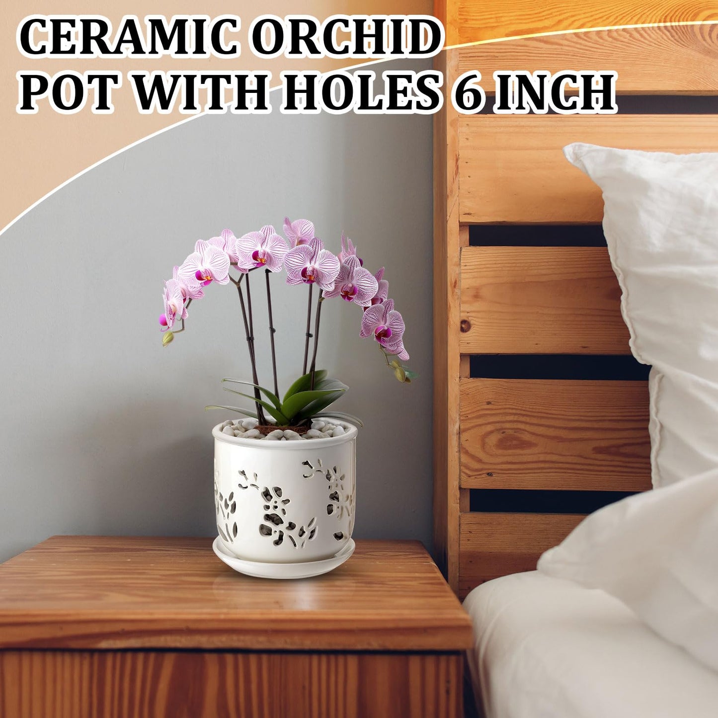 FoldTier 2 Pack 6.5 Inch Large Orchid Pot with Holes and Saucer for Root Health with Precise Aeration and Drainage, Ceramic Orchid Planter Pot for Repotting or New Plants Indoor Outdoor Use(White)