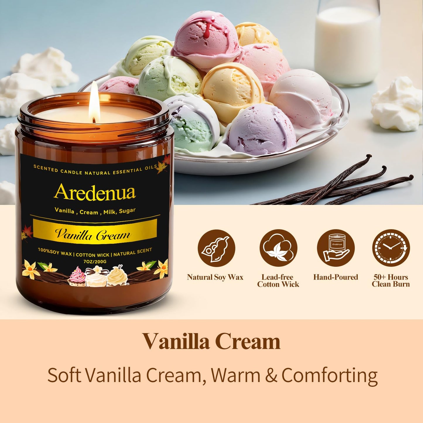 Vanilla Cream Odor Eliminating Candle, 7oz Long Lasting Soy Jar Candle, Non Toxic Clean Burning Calming Aromatherapy Candle, Natural Odor Remover for Pet Smell, Smoke, Food, Bedroom Relaxation Gift