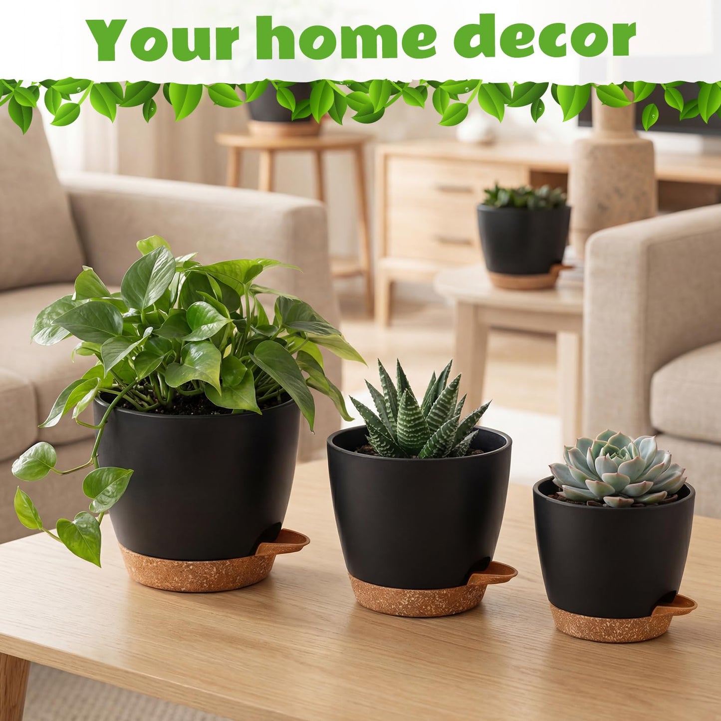 Remerry 15 Pcs 7/6.5/6/ 5.5/5 Inch Self Watering Planters with Drainage Hole Plant Pots Plastic Flower Pots Self Watering Pot and Saucer Reservoir for Garden Plant Flower(Black)