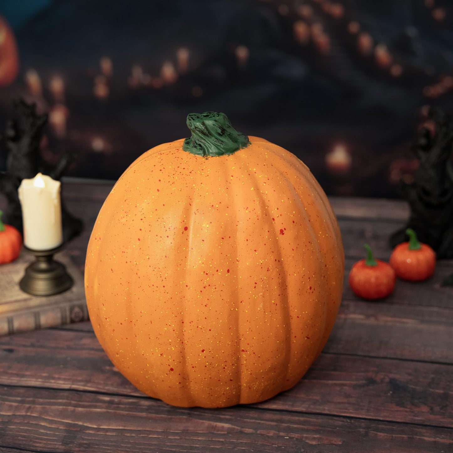 SeasonFable Whispering Gourdon Halloween Animated Pumpkin, Resin, Flickering Red LED Eyes, Eerie Talking Effect, Battery Powered, Horror Style, Indoor Decor