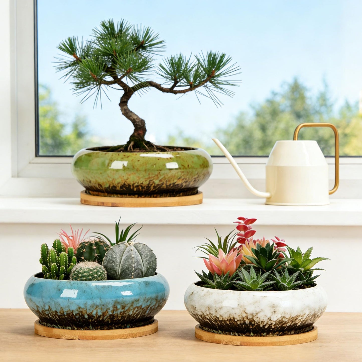 Drzewo 7-Inch Succulent Pots, Succulent Pots with Drainage, Drip Glazed Ceramic Planter with Small Garden Tools, Indoor Succulent Planters for Cactus, Potted Plant,Aloe Vera,Pot for Succulents