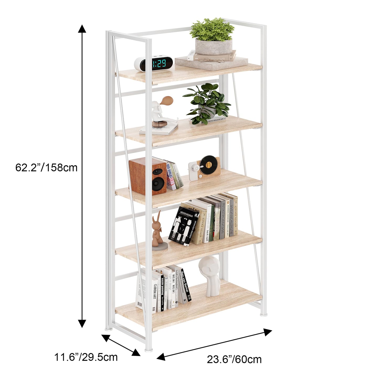 BHG Vintage Multifunctional Folding Bookshelf, No-Assembly Plant Stand Storage Rack Shelves for Home Office (White, 5-Tier)