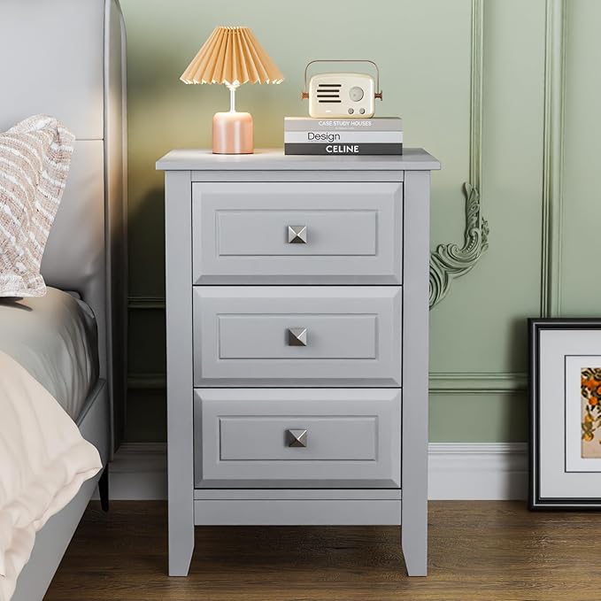Bonnlo Gray Nightstand with 3 Drawers, Modern Night Stand