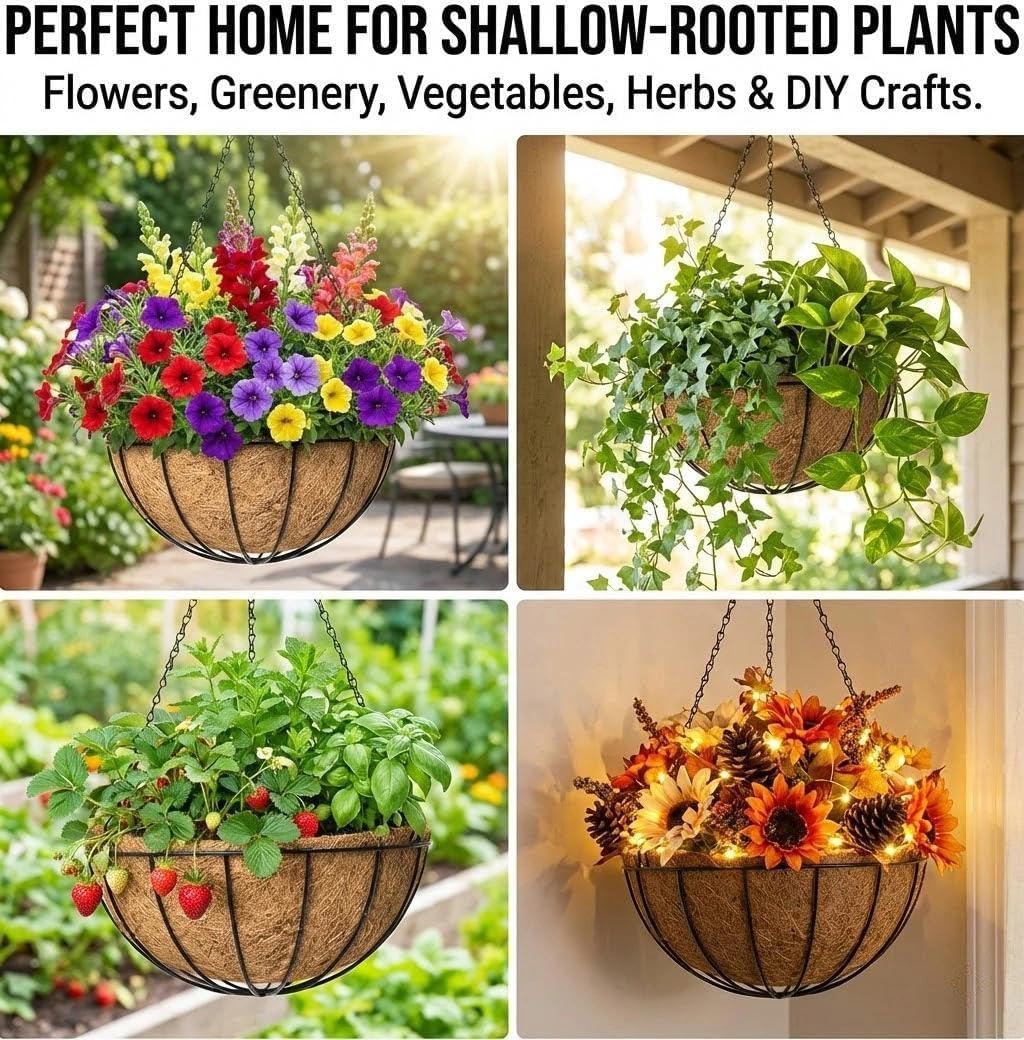 GYATSOCYG 4 Pack 14 Inch Outdoor Metal Hanging Planter Basket, Hanging Plant Flower Pot,Round Modern Flower Holder Pot Garden Accessory