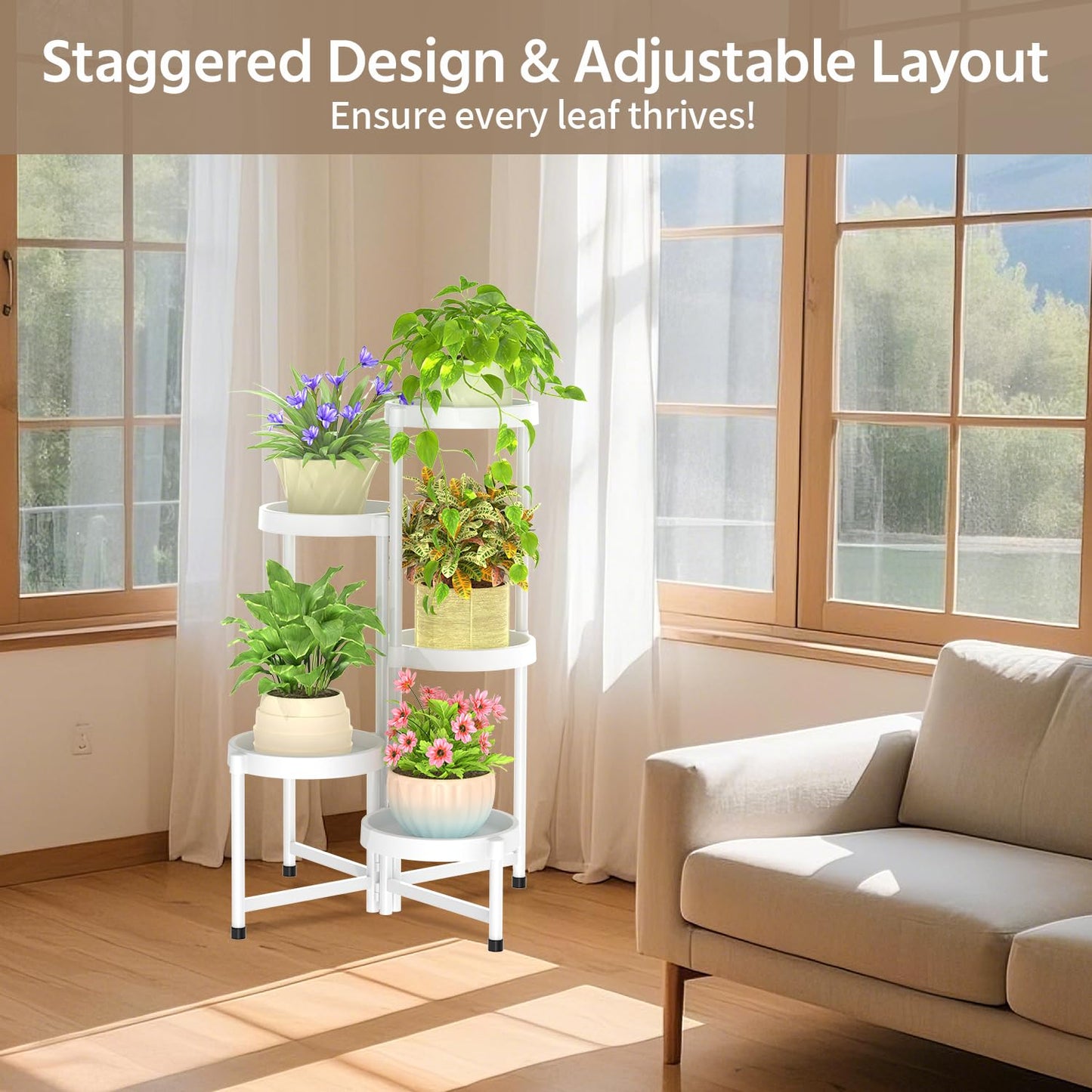 LASZOLA 5 Tiered Plant Stand Indoor Outdoor with Plastic Tray, Corner Folding Tall Flower Display Rack, Modern Plant Holder Shelf for Outdoor Patio Porch Garden Office Living Room, White