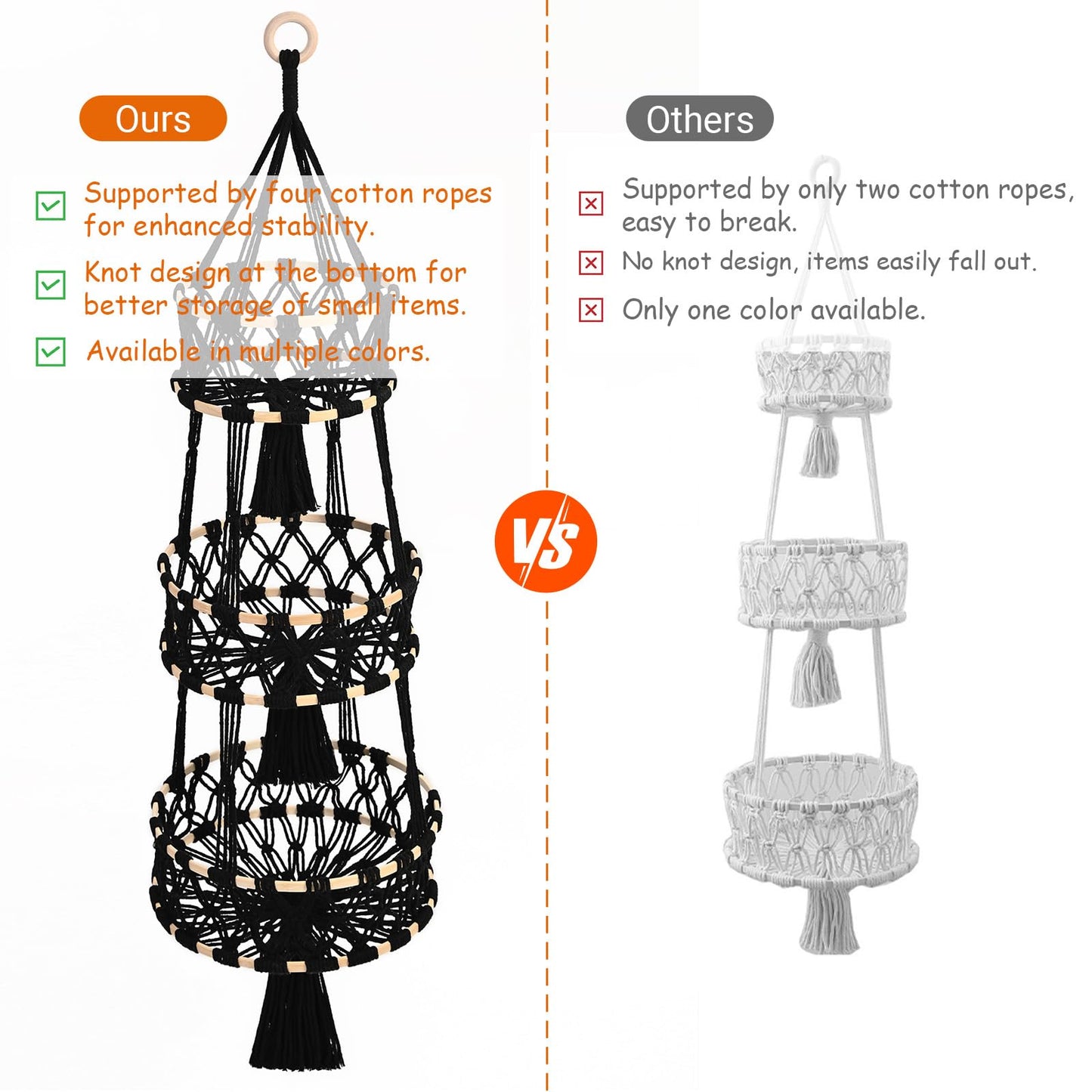 Halidali 3 Tier Hanging Fruit Baskets for Kitchen, Macrame Plant Hanger Cotton Rope Handwoven Hammock Produce Storage Organizer Basket for Plants Holder, Vegetable, Onion, Potato (Black)
