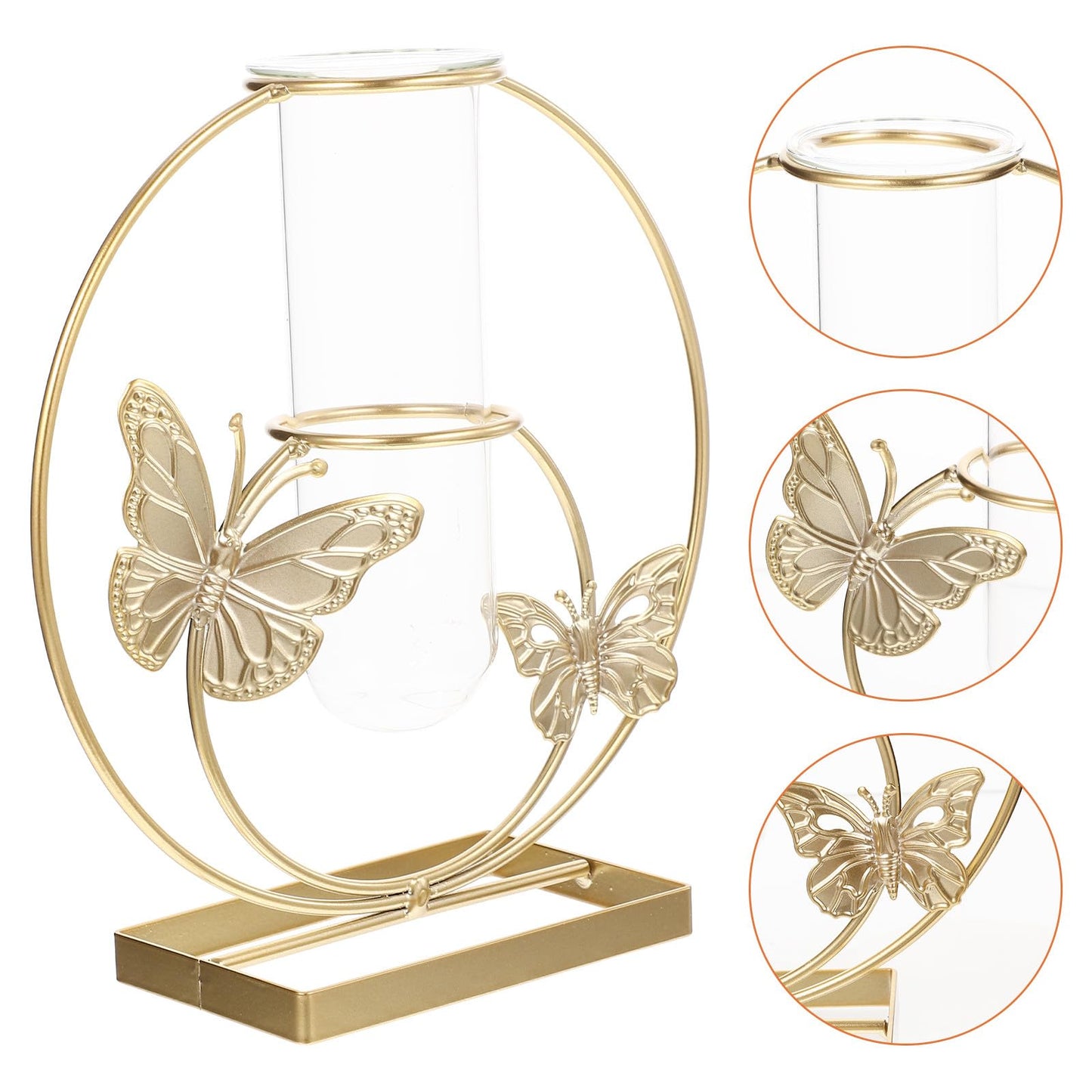 BESPORTBLE Hydroponic Desktop Vase Ornament with Butterfly Pattern, Round Glass Plant Terrarium, Metal Framed Flower Vase for Home Décor and Living Room Table Display