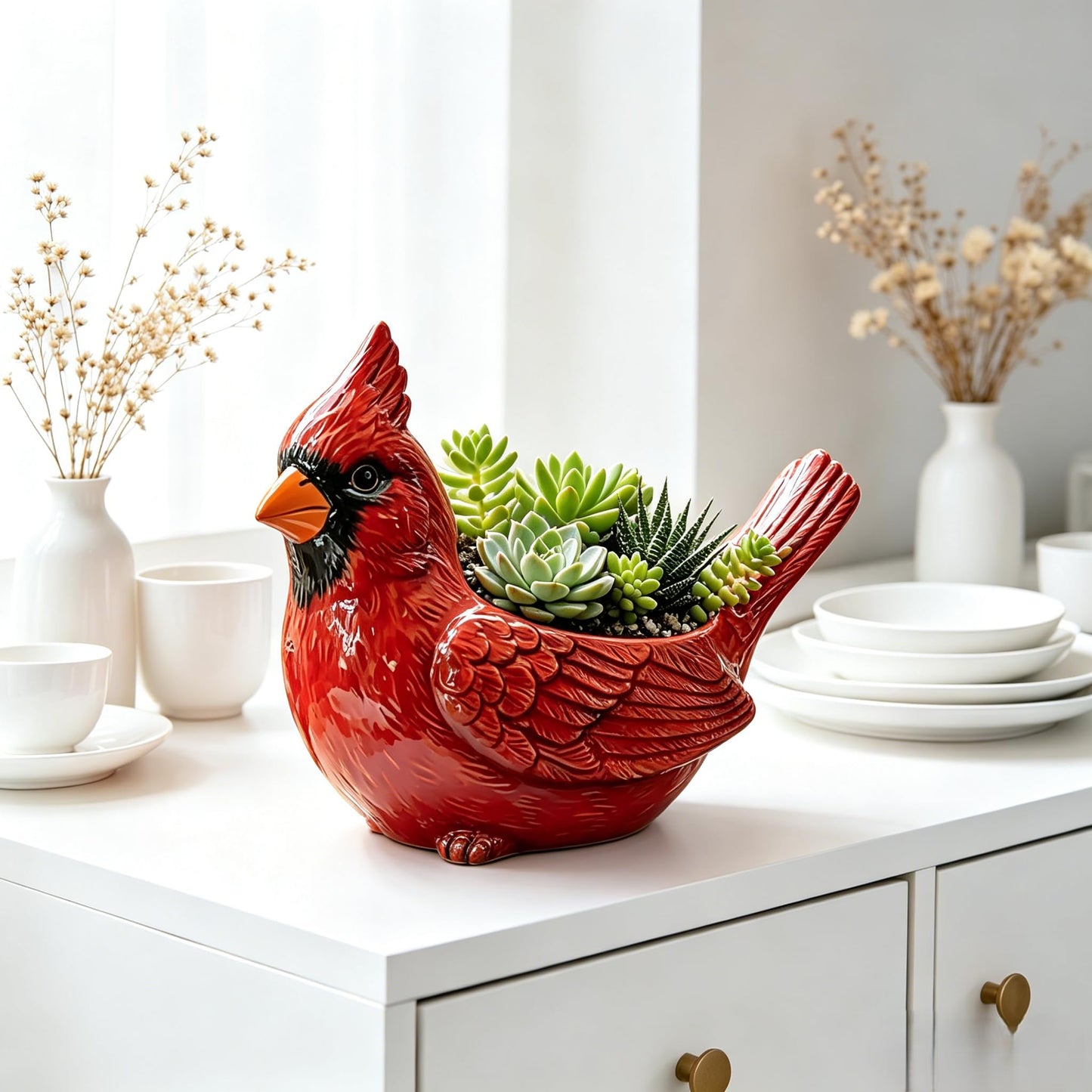 Resin Cardinal Bird Succulent Planter 7.8in with Drainage Hole Blue Shaped Flower Pot for Indoor Outdoor Garden Decor
