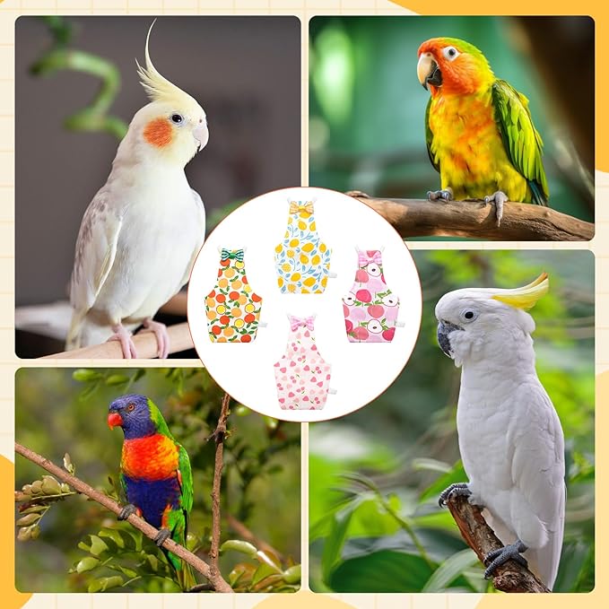 4 Pcs Bird Diaper, Parrot Diaper, Reusable Bird Clothes with Adjustable Straps & Waterproof Inner, Pet Bird Diapers for Budgies, Lovebirds, Cockatiels, and Miniature Macaws
