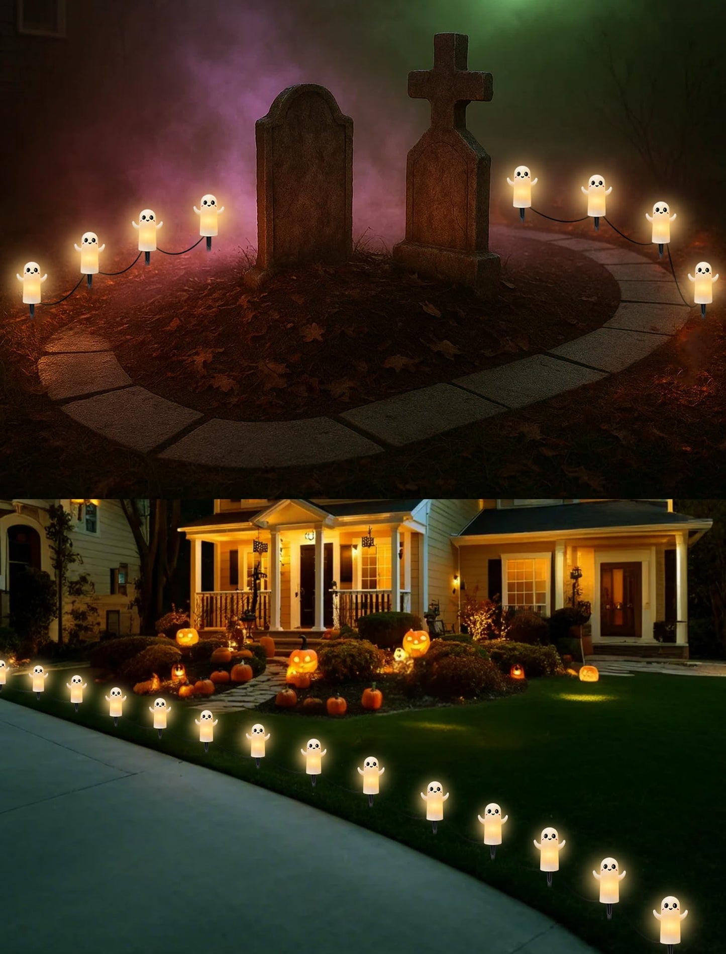 Halloween Ghosts Pathway Lights,4 Pack Ghosts Stake Lights with C7 Clear Bulbs,7Ft Extendable Waterproof Walkway Lights Halloween Decor for Yard Porch Lawn Pathway Garden