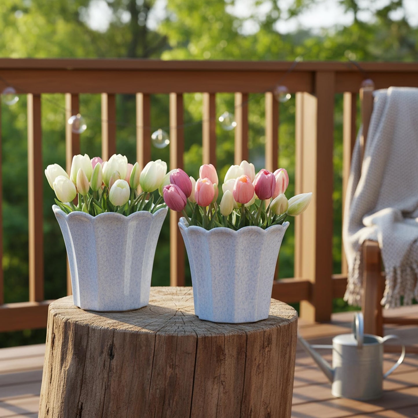 Honeydak 2 Pcs Fluted Ceramic Pots for Plants Indoor 7.5 x 6.5 Inches Spring Easter Scalloped Stylish Ceramic Planters Fluted Tulip Cachepots Blue Flower Pots Home Garden Patio Office Outdoor Planter