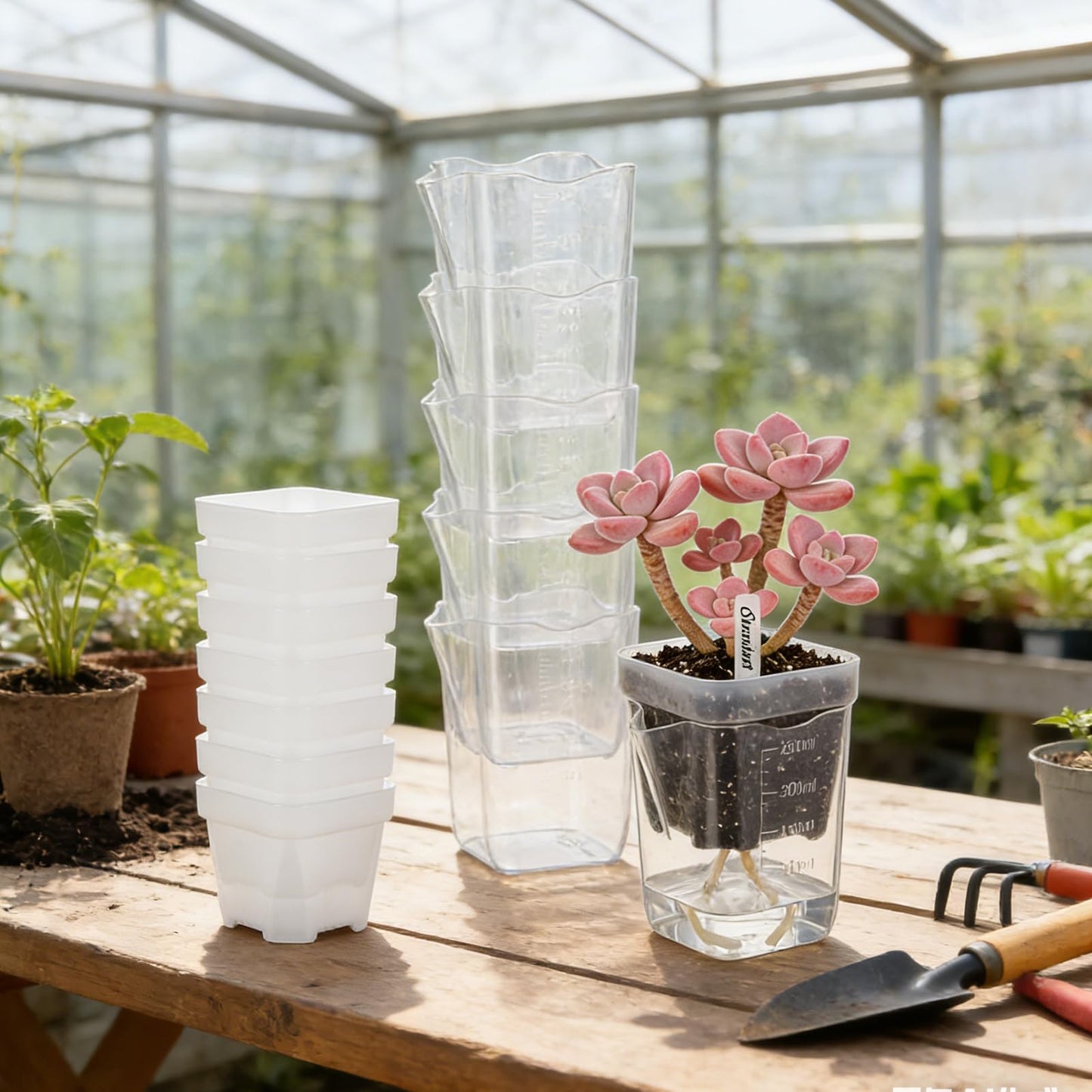 KKONHII 10 Pack 2.52" Small Self Watering Pots for Indoor Plants, Clear Plastic Planters with 10 Plant Label and Water Level Indicator Drainage Hole for Succulents, Propagation, African Violet