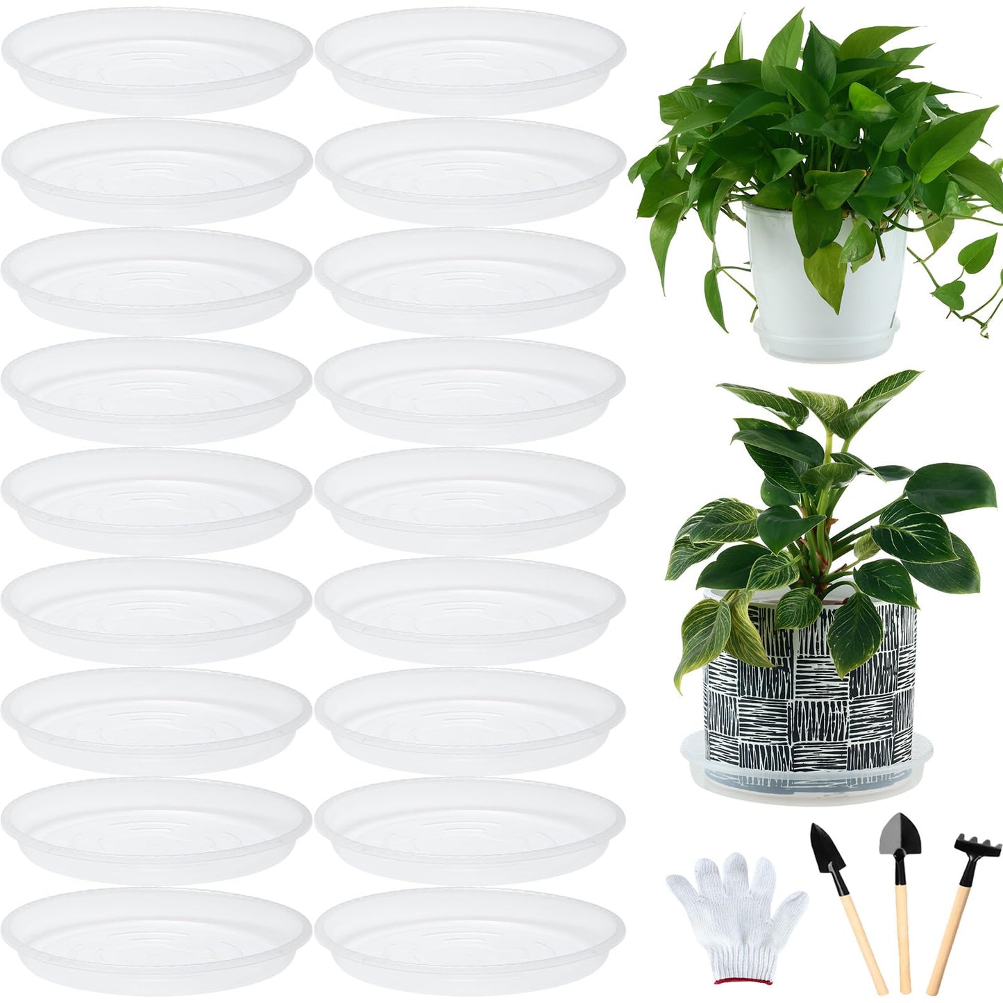 KvyusFlourish 20 Pack 10 Inch Clear Plant Saucers Plastic Drip Tray for Plant Pots Plant Trays for Pots Flower Pot Saucers for Indoors Outdoors with Glove, White