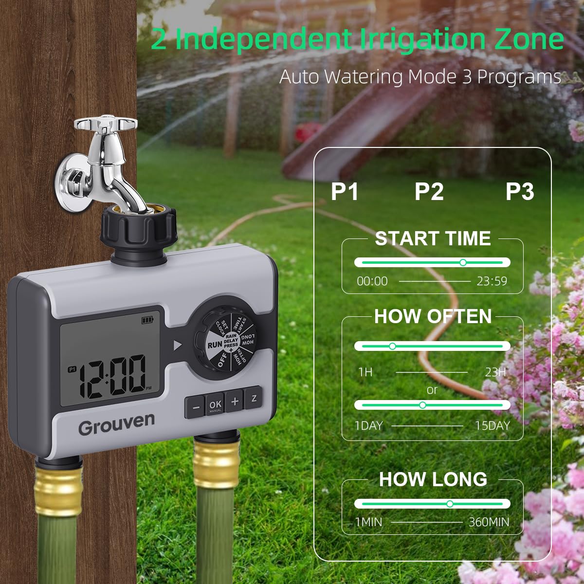 Water Timer for Garden Sprinkler Hose Timer with Rain Delay, Manual, Automatic Watering System Programmable,2 Outlet